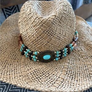 Lucky Brand Tan Straw Hat with Turquoise Beaded Band